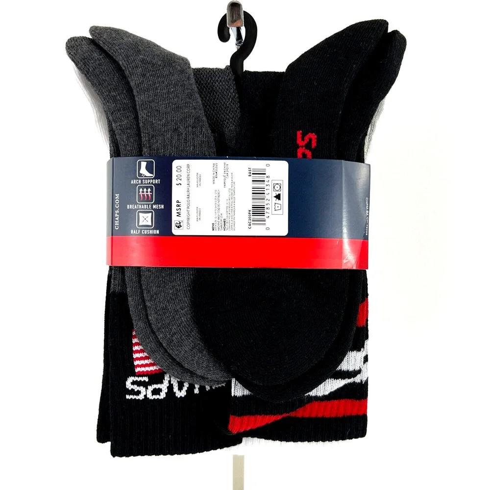 NEW Chaps Men’s Athletic Crew Socks 6 Pairs Arch Support Black Shoe Size 6-12.5